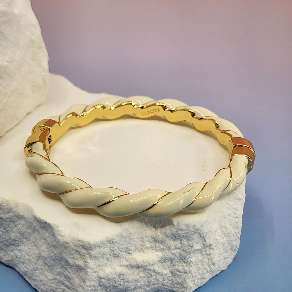 Talbots Ivory Enamel Gold Tone Braided Hinged Bangle Bracelet Vintage Preppy